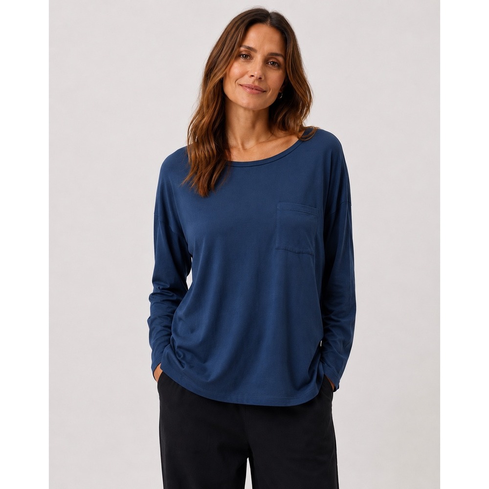 Eileen Fisher Organic Cotton Stretch Jersey Bateau Neck Box Top Denim Blue XL